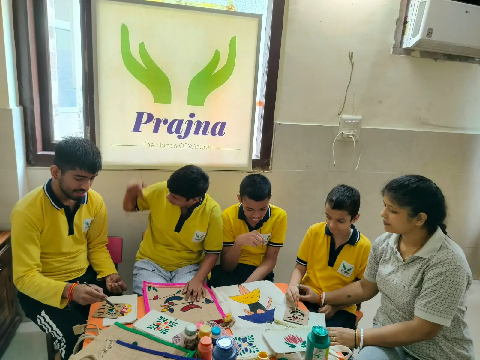Working together on a bag-making project